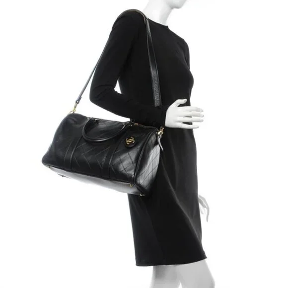 CHANEL Bicolor Coco Mark Handbag Boston Bag Leather Black - Picture 9 of 10